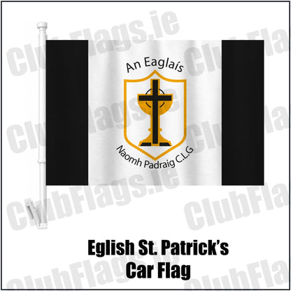 Eglish St. Patrick’s Car Flag in black and white, featuring the club crest on realistic fabric with gentle vertical folds; County Tyrone GAA. ClubFlags.ie.