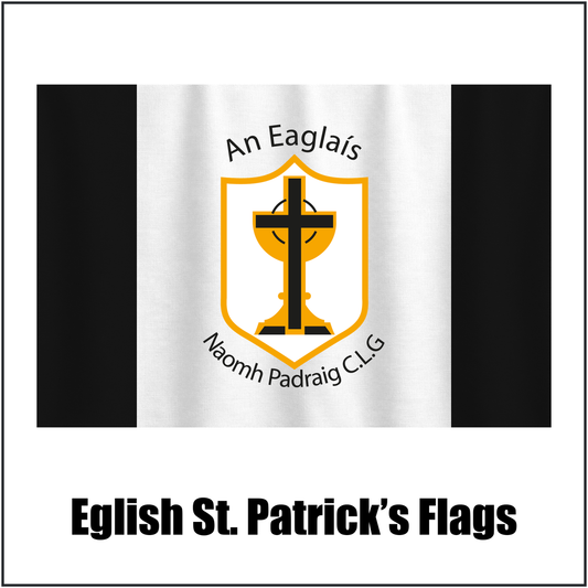 Eglish St. Patrick’s Flags, featuring the club crest and black and white colours; County Tyrone GAA. ClubFlags.ie.