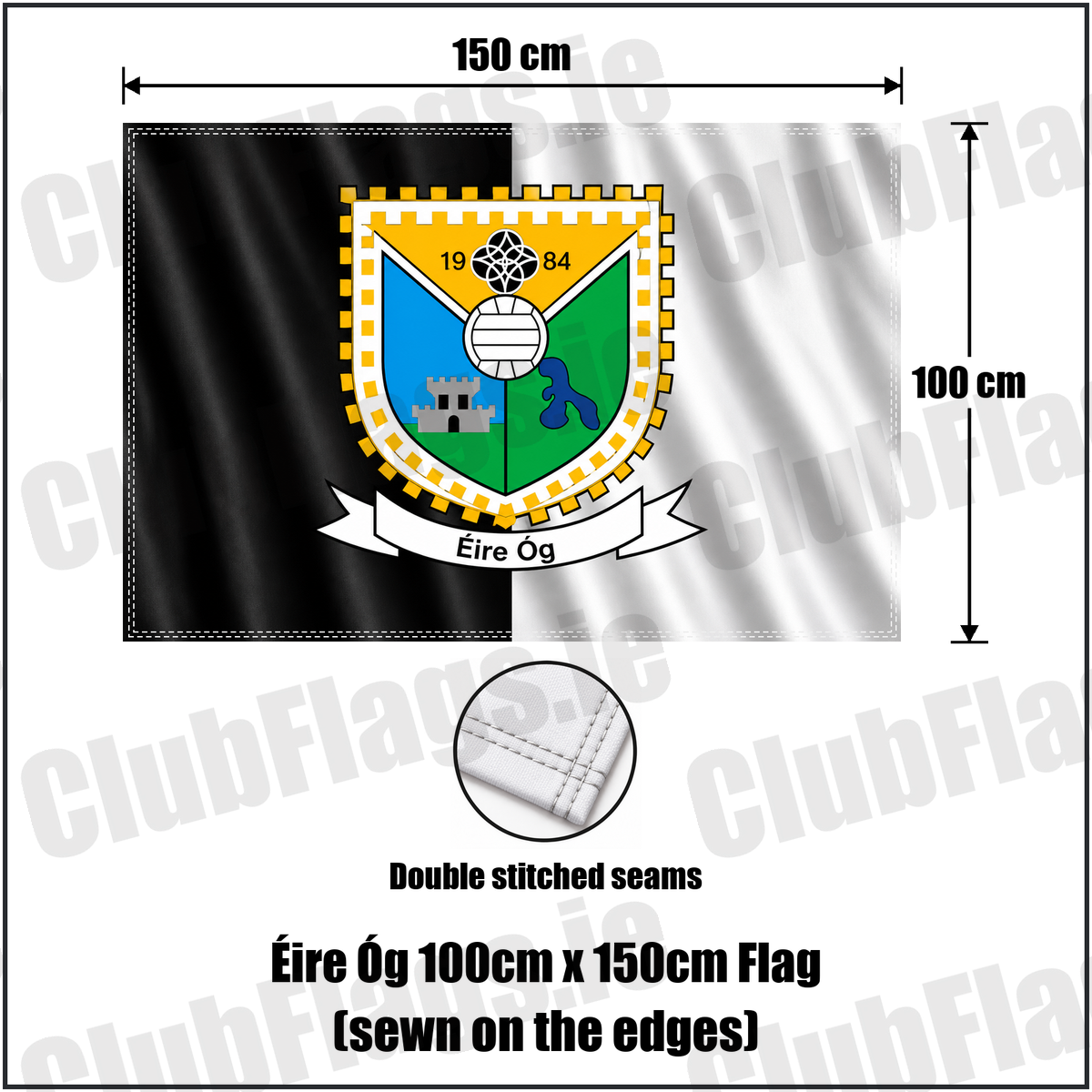 Éire Óg 100cm x 150cm Flag (sewn on the edges), featuring the club crest and black and white colours; County Roscommon GAA. ClubFlags.ie.