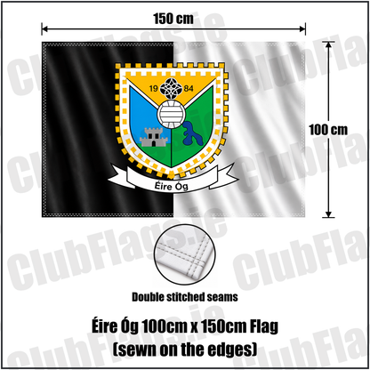 Éire Óg 100cm x 150cm Flag (sewn on the edges), featuring the club crest and black and white colours; County Roscommon GAA. ClubFlags.ie.