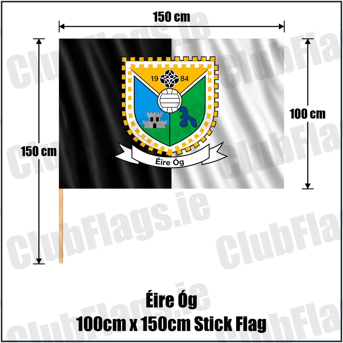 Éire Óg 100cm x 150cm Stick Flag, featuring the club crest and black and white colours; County Roscommon GAA. ClubFlags.ie.