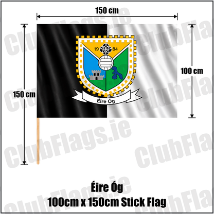 Éire Óg 100cm x 150cm Stick Flag, featuring the club crest and black and white colours; County Roscommon GAA. ClubFlags.ie.