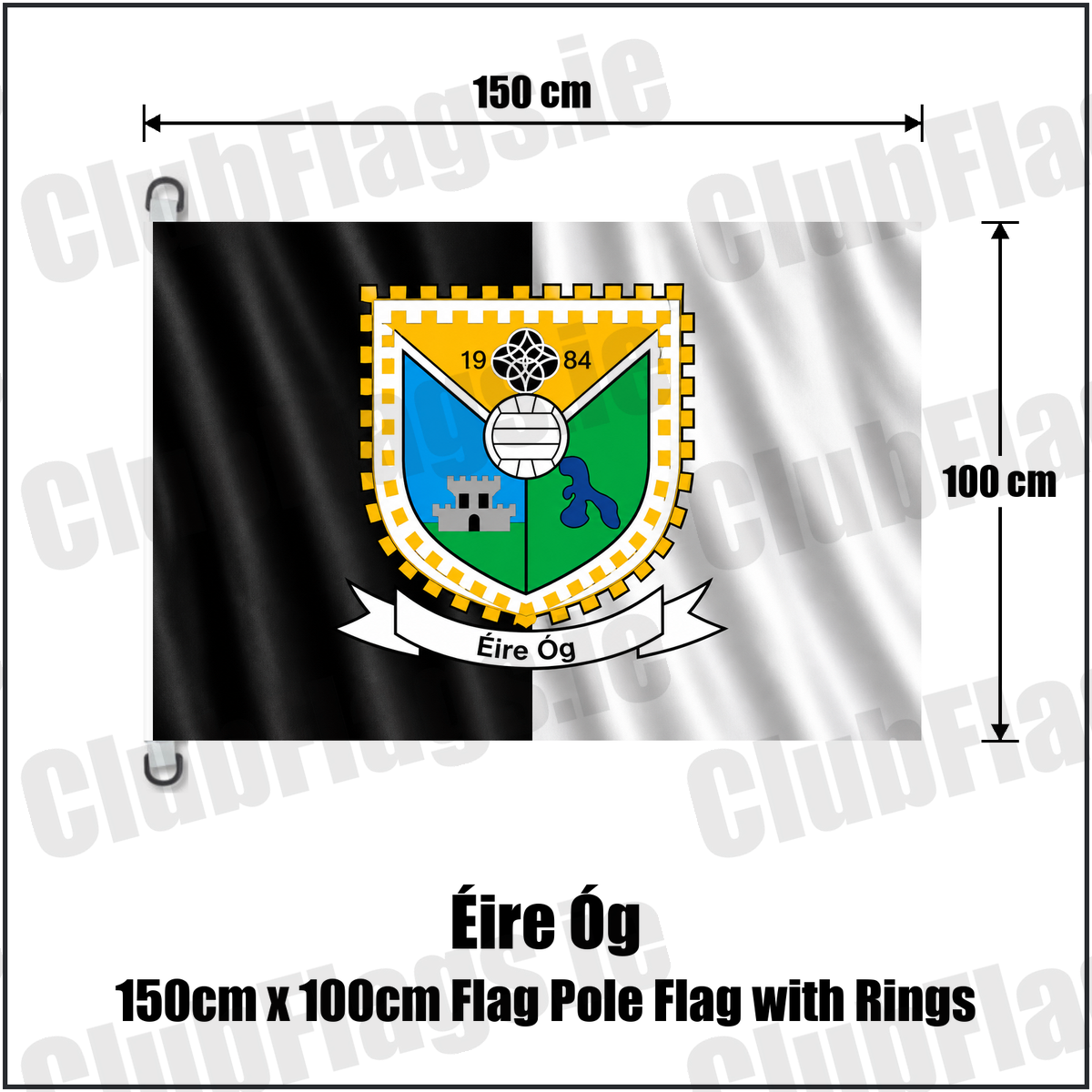 Éire Óg 150cm x 100cm Flag Pole Flag with Rings, featuring the club crest and black and white colours; County Roscommon GAA. ClubFlags.ie.
