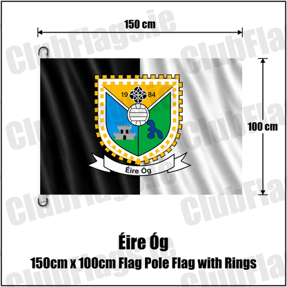 Éire Óg 150cm x 100cm Flag Pole Flag with Rings, featuring the club crest and black and white colours; County Roscommon GAA. ClubFlags.ie.