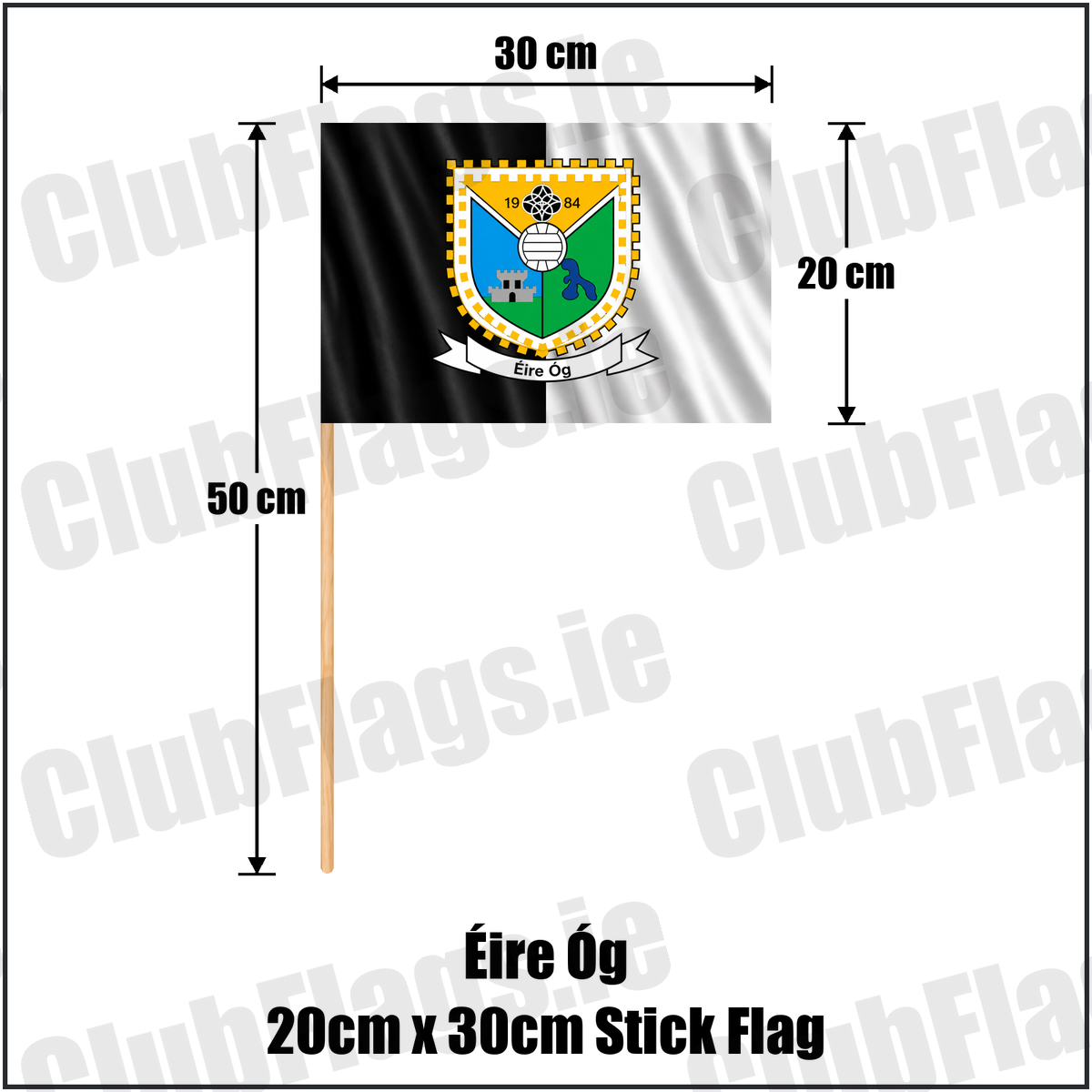 Éire Óg 20cm x 30cm Stick Flag, featuring the club crest and black and white colours; County Roscommon GAA. ClubFlags.ie.
