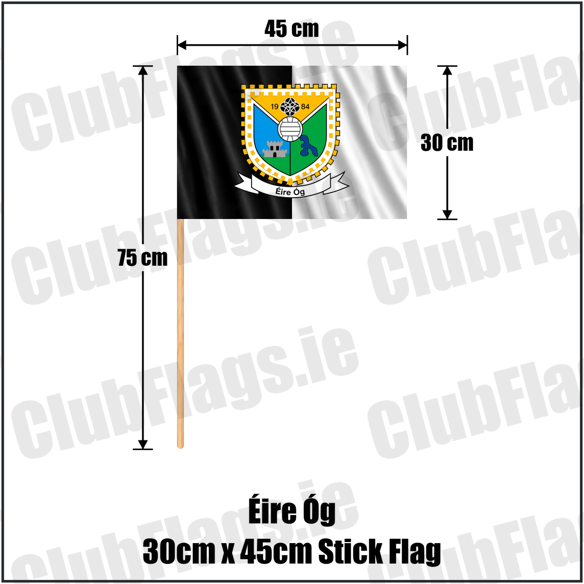 Éire Óg 30cm x 45cm Stick Flag, featuring the club crest and black and white colours; County Roscommon GAA. ClubFlags.ie.