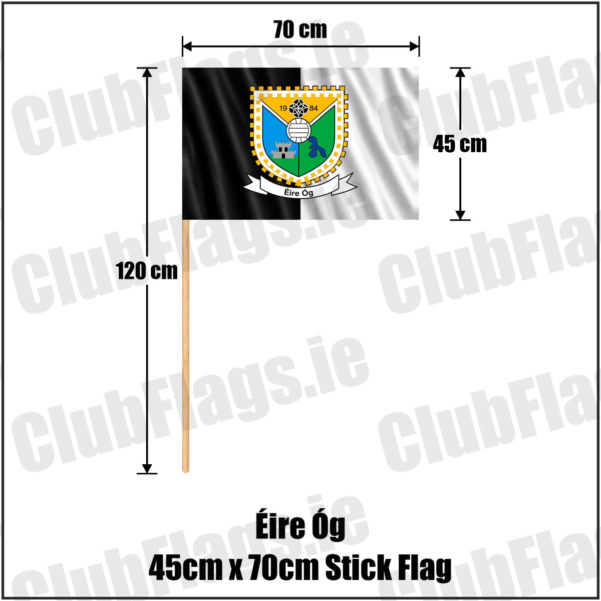 Éire Óg 45cm x 70cm Stick Flag, featuring the club crest and black and white colours; County Roscommon GAA. ClubFlags.ie.