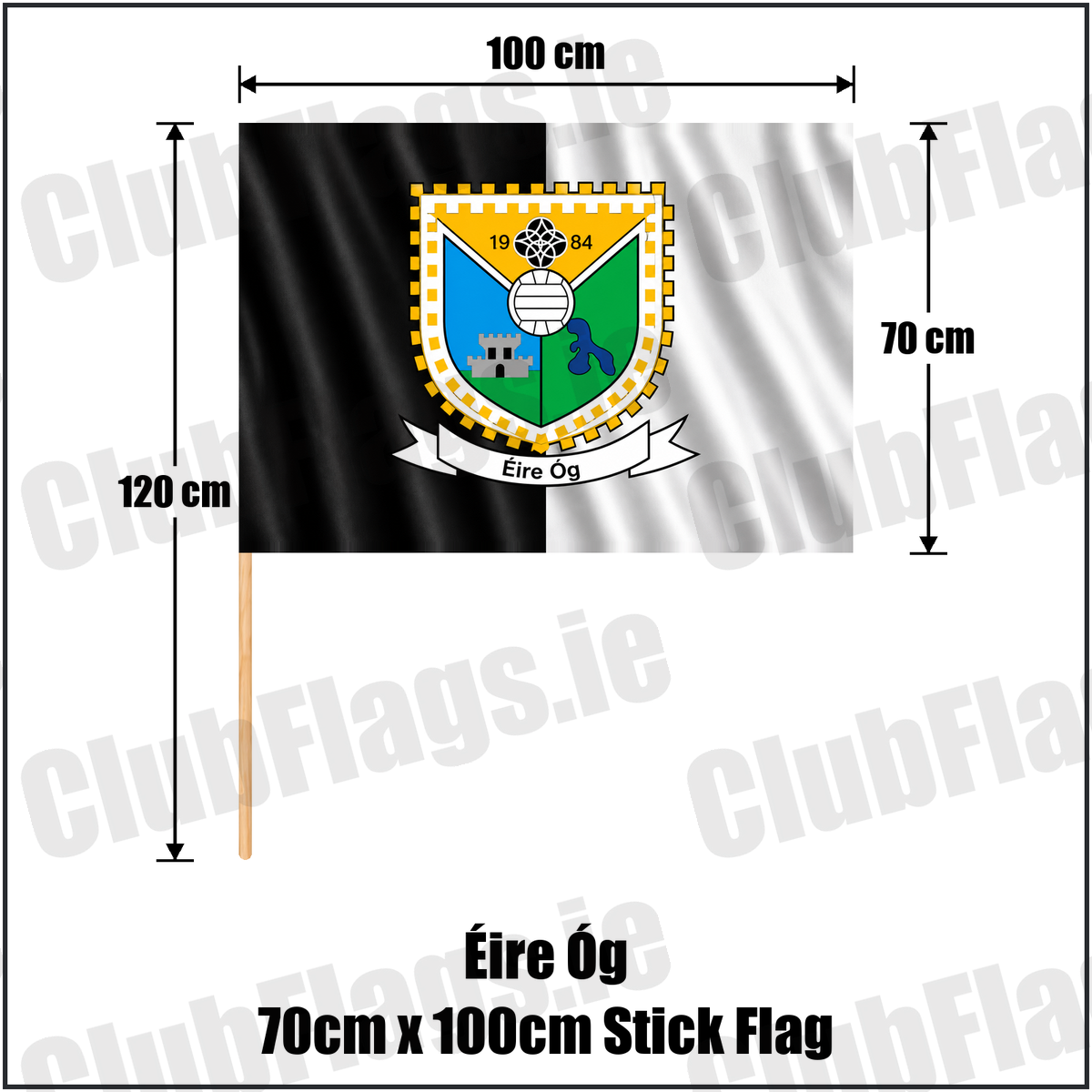 Éire Óg 70cm x 100cm Stick Flag, featuring the club crest and black and white colours; County Roscommon GAA. ClubFlags.ie.