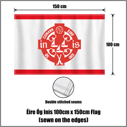 Éire Óg Inis 100cm x 150cm Flag (sewn on the edges), featuring the club crest and red and white colours; County Clare GAA. ClubFlags.ie.