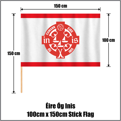 Éire Óg Inis 100cm x 150cm Stick Flag, featuring the club crest and red and white colours; County Clare GAA. ClubFlags.ie.