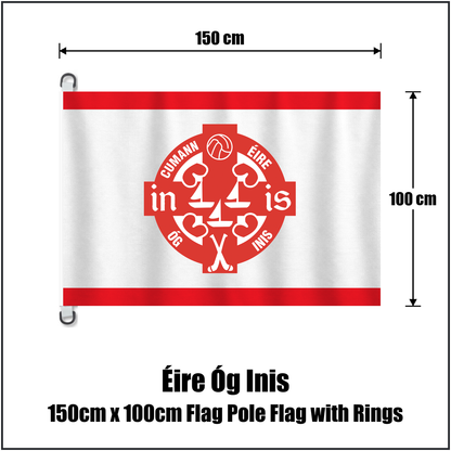 Éire Óg Inis 150cm x 100cm Flag Pole Flag with Rings, featuring the club crest and red and white colours; County Clare GAA. ClubFlags.ie.