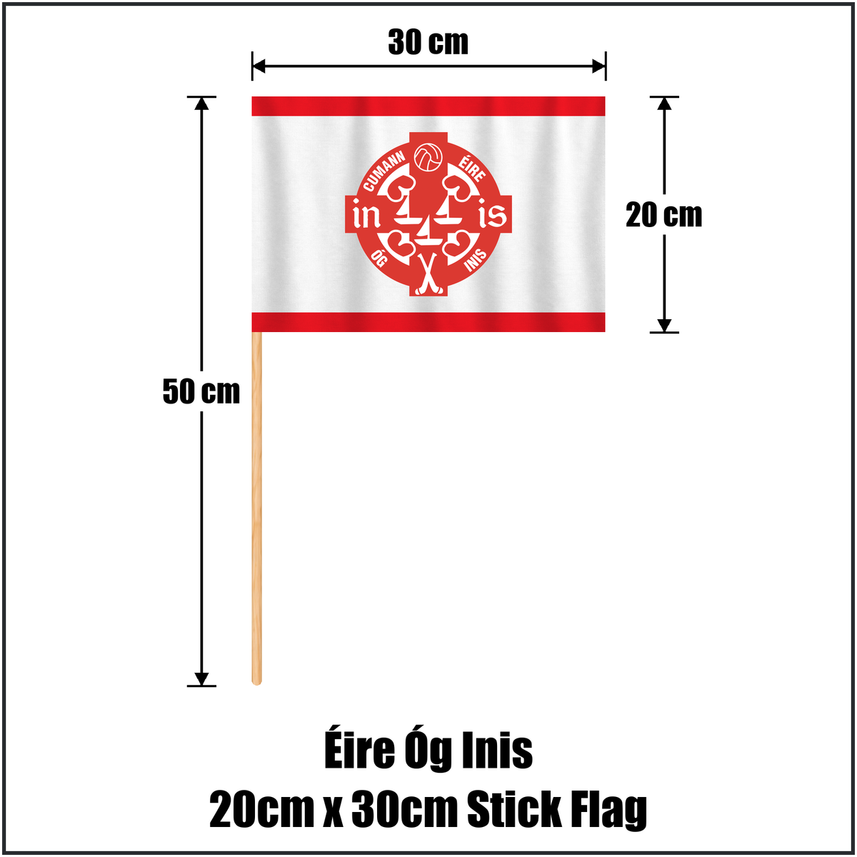 Éire Óg Inis 20cm x 30cm Stick Flag, featuring the club crest and red and white colours; County Clare GAA. ClubFlags.ie.