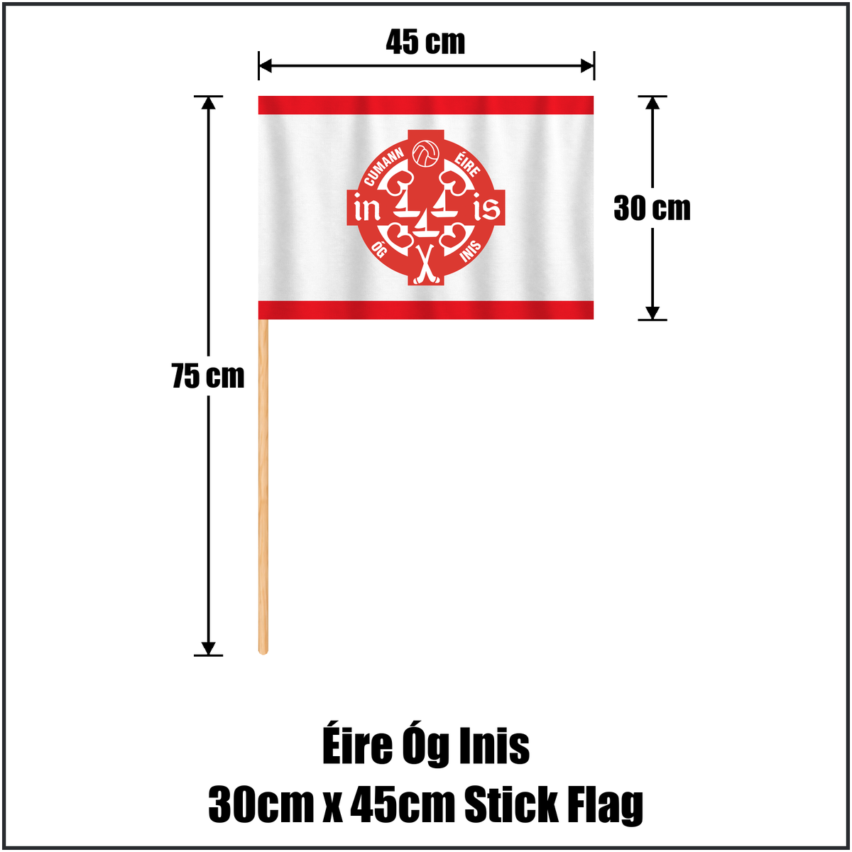 Éire Óg Inis 30cm x 45cm Stick Flag, featuring the club crest and red and white colours; County Clare GAA. ClubFlags.ie.