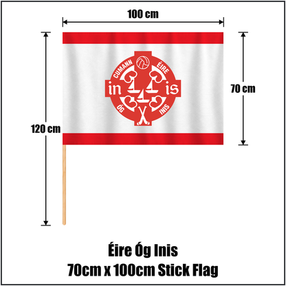 Éire Óg Inis 70cm x 100cm Stick Flag, featuring the club crest and red and white colours; County Clare GAA. ClubFlags.ie.