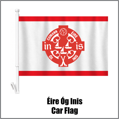 Éire Óg Inis Car Flag, featuring the club crest and red and white colours; County Clare GAA. ClubFlags.ie.