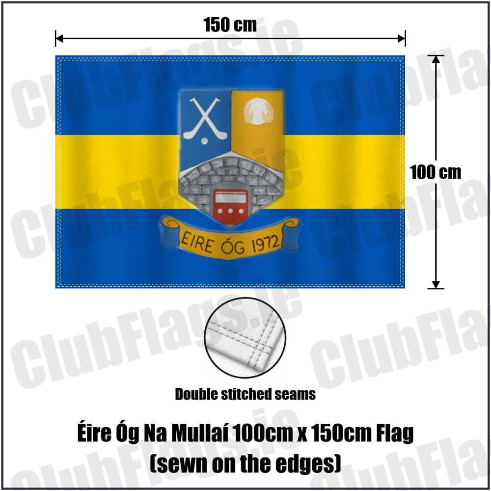Éire Óg Na Mullaí 100cm x 150cm Flag (sewn on the edges) in blue and gold, featuring the club crest on realistic fabric with gentle vertical folds; County Monaghan GAA. ClubFlags.ie.