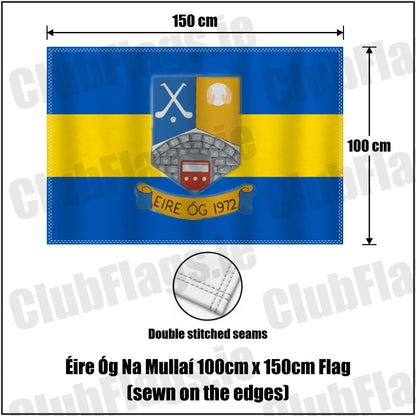 Éire Óg Na Mullaí 100cm x 150cm Flag (sewn on the edges) in blue and gold, featuring the club crest on realistic fabric with gentle vertical folds; County Monaghan GAA. ClubFlags.ie.