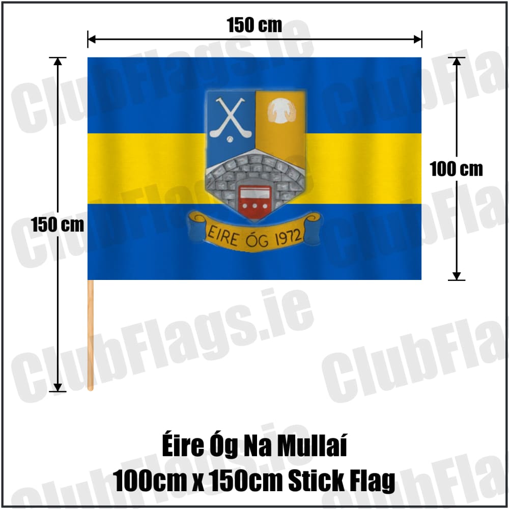 Éire Óg Na Mullaí 100cm x 150cm Stick Flag in blue and gold, featuring the club crest on realistic fabric with gentle vertical folds; County Monaghan GAA. ClubFlags.ie.