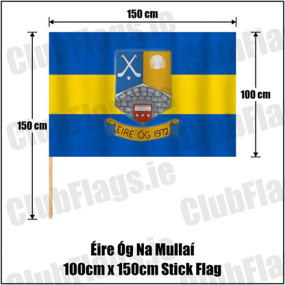 Éire Óg Na Mullaí 100cm x 150cm Stick Flag in blue and gold, featuring the club crest on realistic fabric with gentle vertical folds; County Monaghan GAA. ClubFlags.ie.