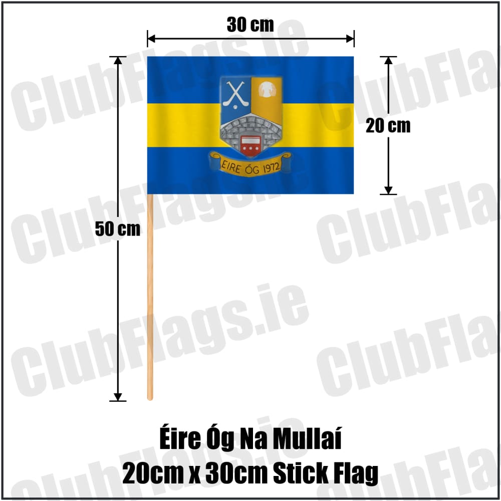Éire Óg Na Mullaí 20cm x 30cm Stick Flag in blue and gold, featuring the club crest on realistic fabric with gentle vertical folds; County Monaghan GAA. ClubFlags.ie.