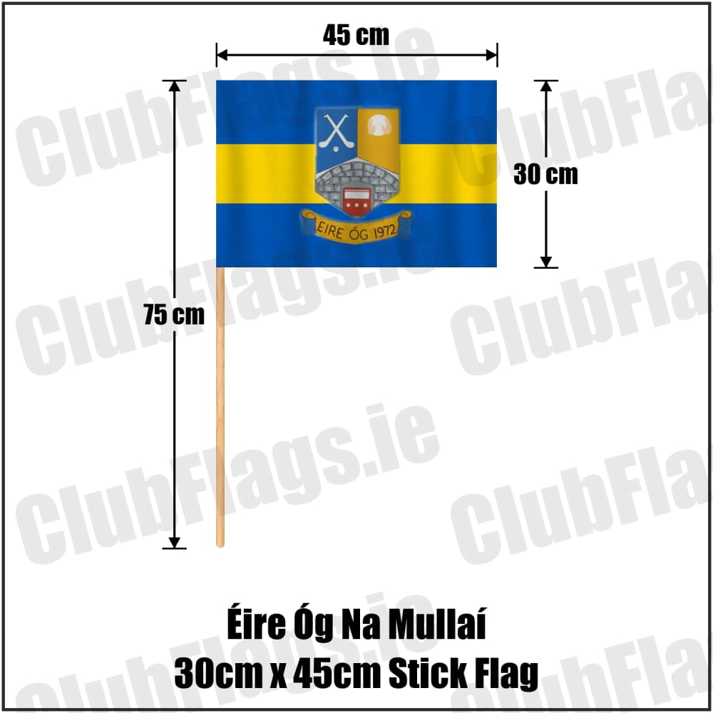 Éire Óg Na Mullaí 30cm x 45cm Stick Flag in blue and gold, featuring the club crest on realistic fabric with gentle vertical folds; County Monaghan GAA. ClubFlags.ie.
