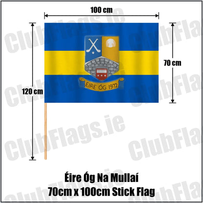 Éire Óg Na Mullaí 70cm x 100cm Stick Flag in blue and gold, featuring the club crest on realistic fabric with gentle vertical folds; County Monaghan GAA. ClubFlags.ie.