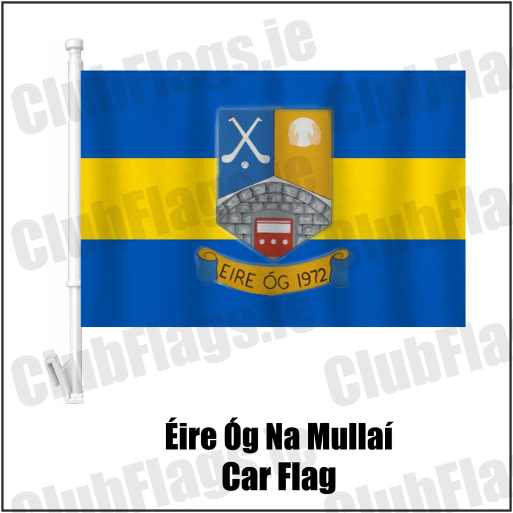 Éire Óg Na Mullaí Car Flag in blue and gold, featuring the club crest on realistic fabric with gentle vertical folds; County Monaghan GAA. ClubFlags.ie.