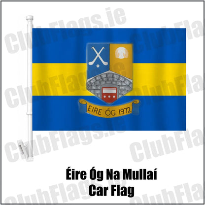 Éire Óg Na Mullaí Car Flag in blue and gold, featuring the club crest on realistic fabric with gentle vertical folds; County Monaghan GAA. ClubFlags.ie.