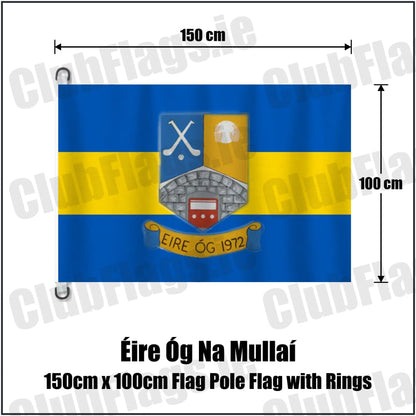 Éire Óg Na Mullaí 150cm x 100cm Flag Pole Flag with Rings in blue and gold, featuring the club crest on realistic fabric with gentle vertical folds; County Monaghan GAA. ClubFlags.ie.