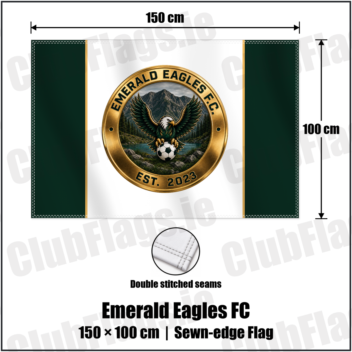 Emerald Eagles FC 100cm x 150cm Flag (sewn on the edges) with the club crest and colours, Kerry Football - ClubFlags.ie