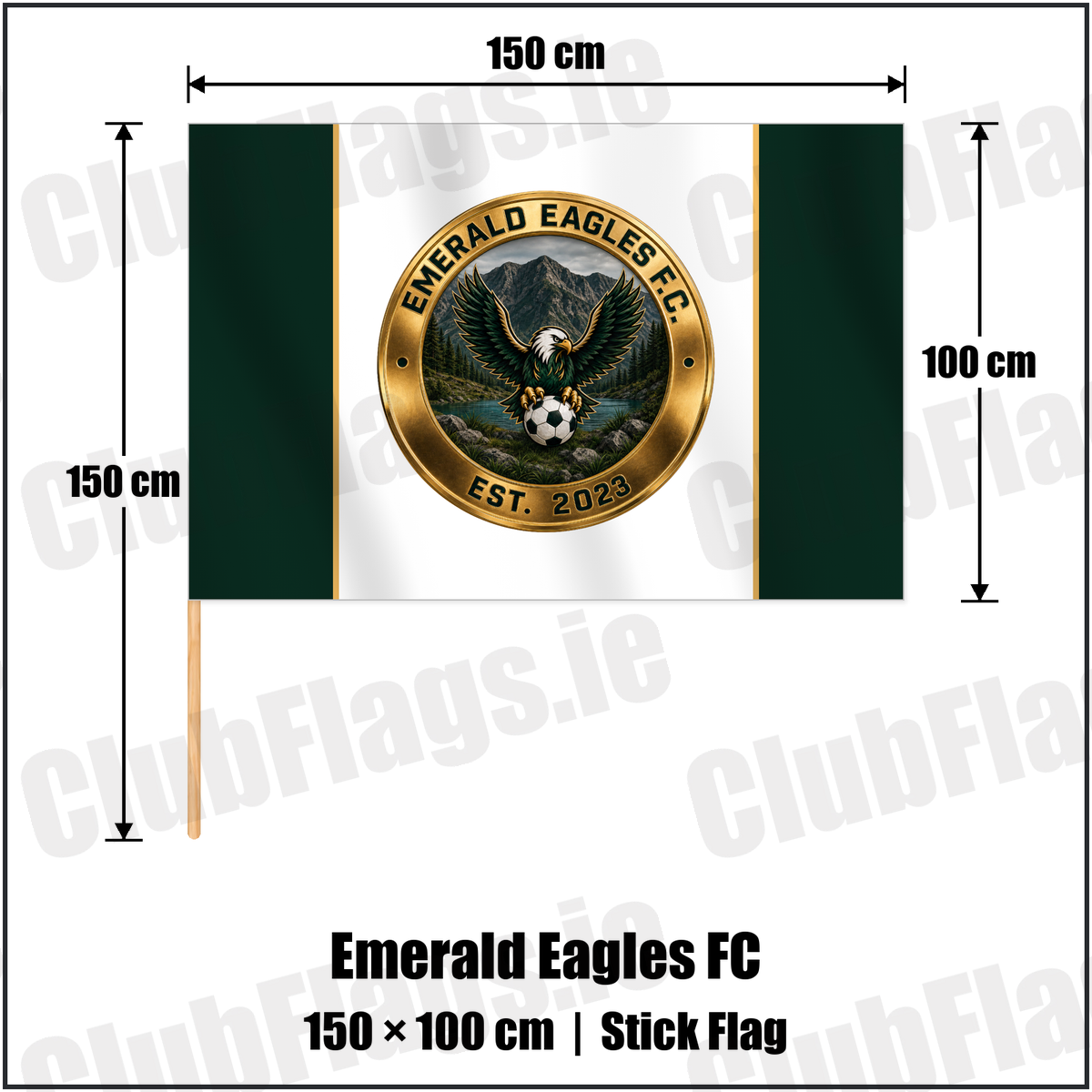 Emerald Eagles FC 100cm x 150cm Stick Flag with the club crest and colours, Kerry Football - ClubFlags.ie