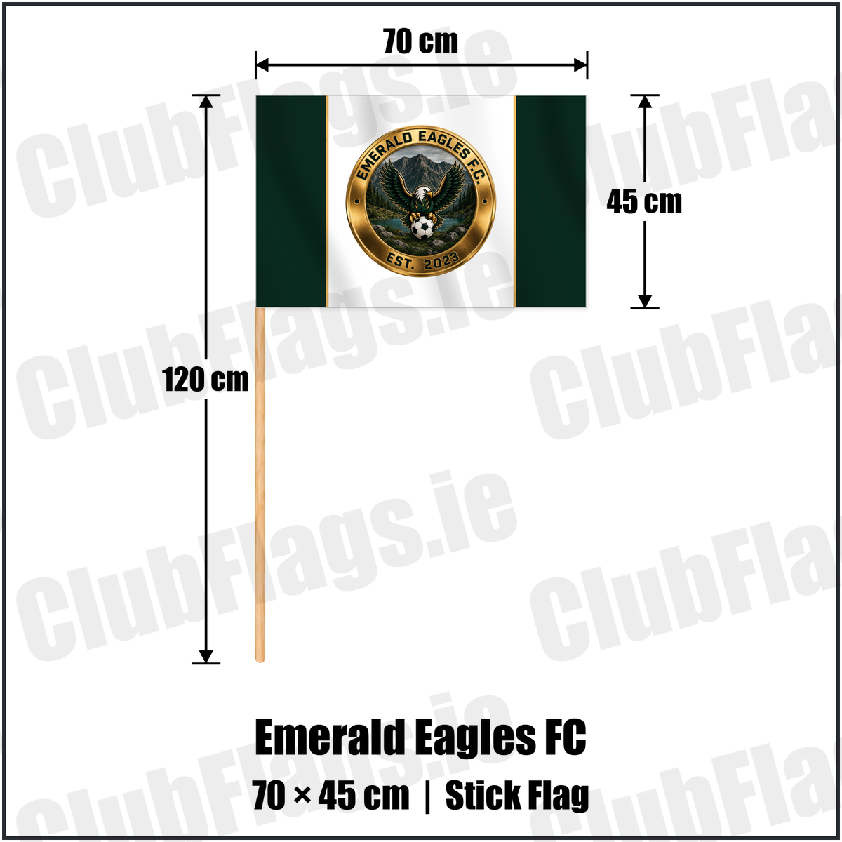 Emerald Eagles FC 45cm x 70cm Stick Flag with the club crest and colours, Kerry Football - ClubFlags.ie