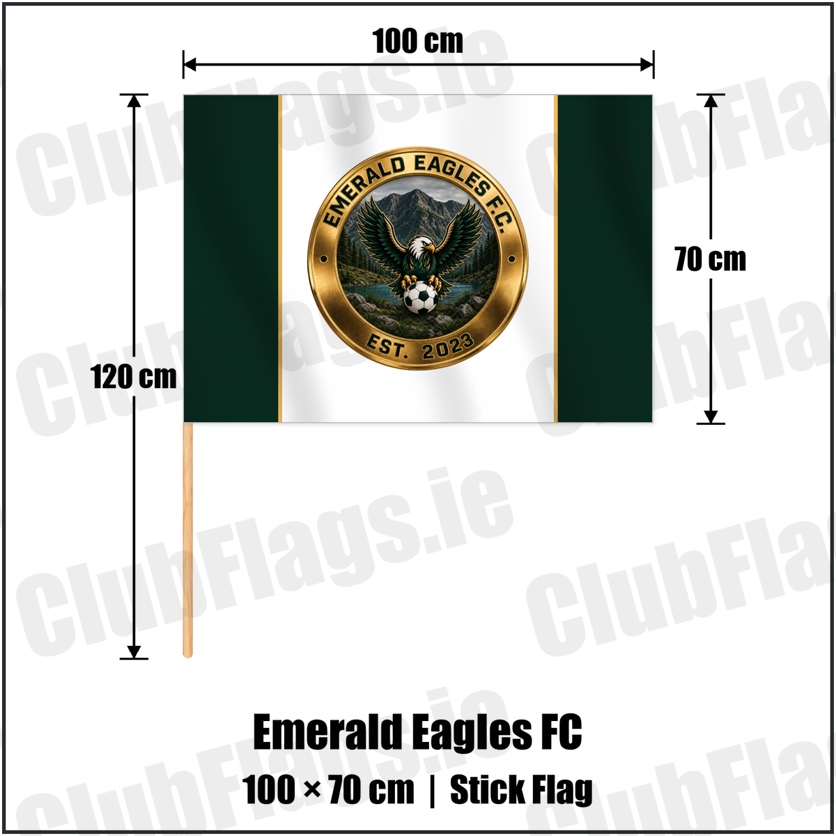 Emerald Eagles FC 70cm x 100cm Stick Flag with the club crest and colours, Kerry Football - ClubFlags.ie