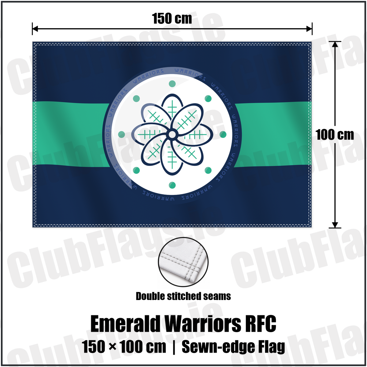 Emerald Warriors RFC 100cm x 150cm Flag (sewn on the edges) with the club crest and colours, Dublin Rugby - ClubFlags.ie