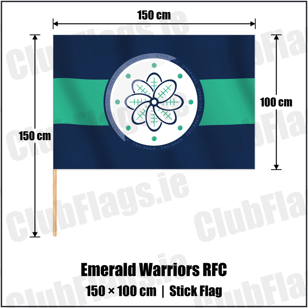 Emerald Warriors RFC 100cm x 150cm Stick Flag with the club crest and colours, Dublin Rugby - ClubFlags.ie