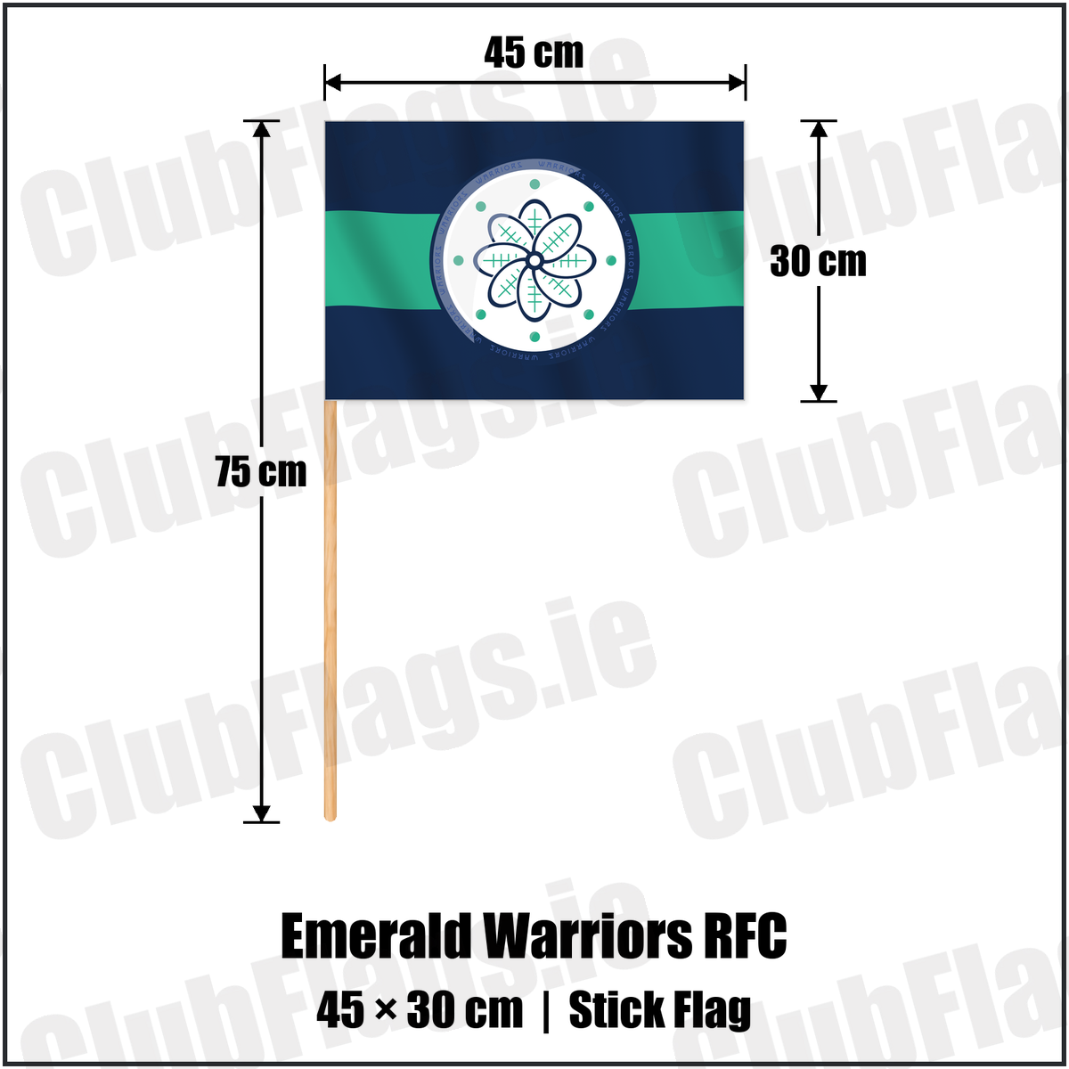 Emerald Warriors RFC 30cm x 45cm Stick Flag with the club crest and colours, Dublin Rugby - ClubFlags.ie