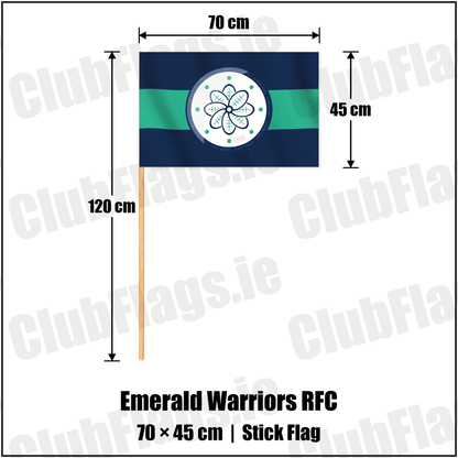 Emerald Warriors RFC 45cm x 70cm Stick Flag with the club crest and colours, Dublin Rugby - ClubFlags.ie