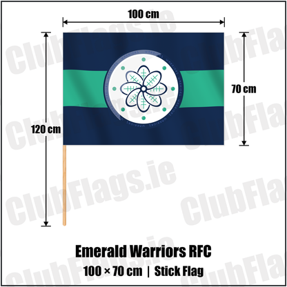 Emerald Warriors RFC 70cm x 100cm Stick Flag with the club crest and colours, Dublin Rugby - ClubFlags.ie