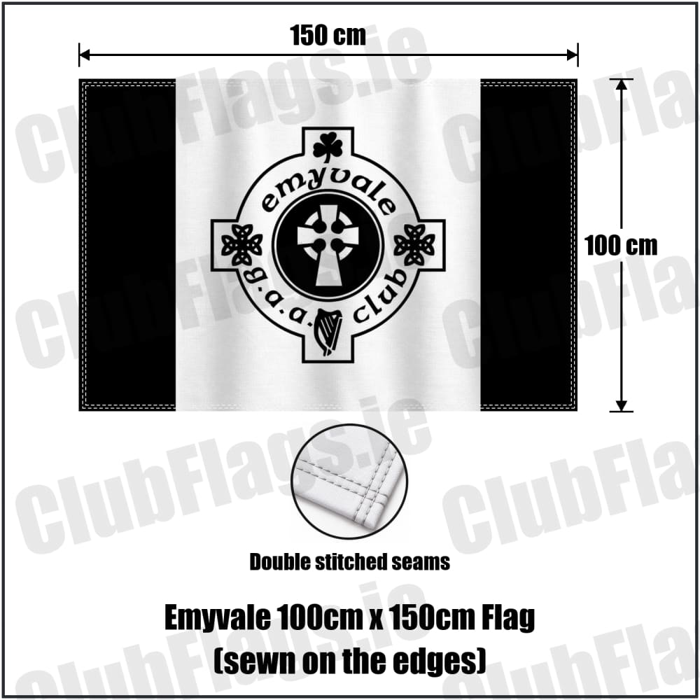 Emyvale 100cm x 150cm Flag (sewn on the edges) in black and white, featuring the club crest on realistic fabric with gentle vertical folds; County Monaghan GAA. ClubFlags.ie.