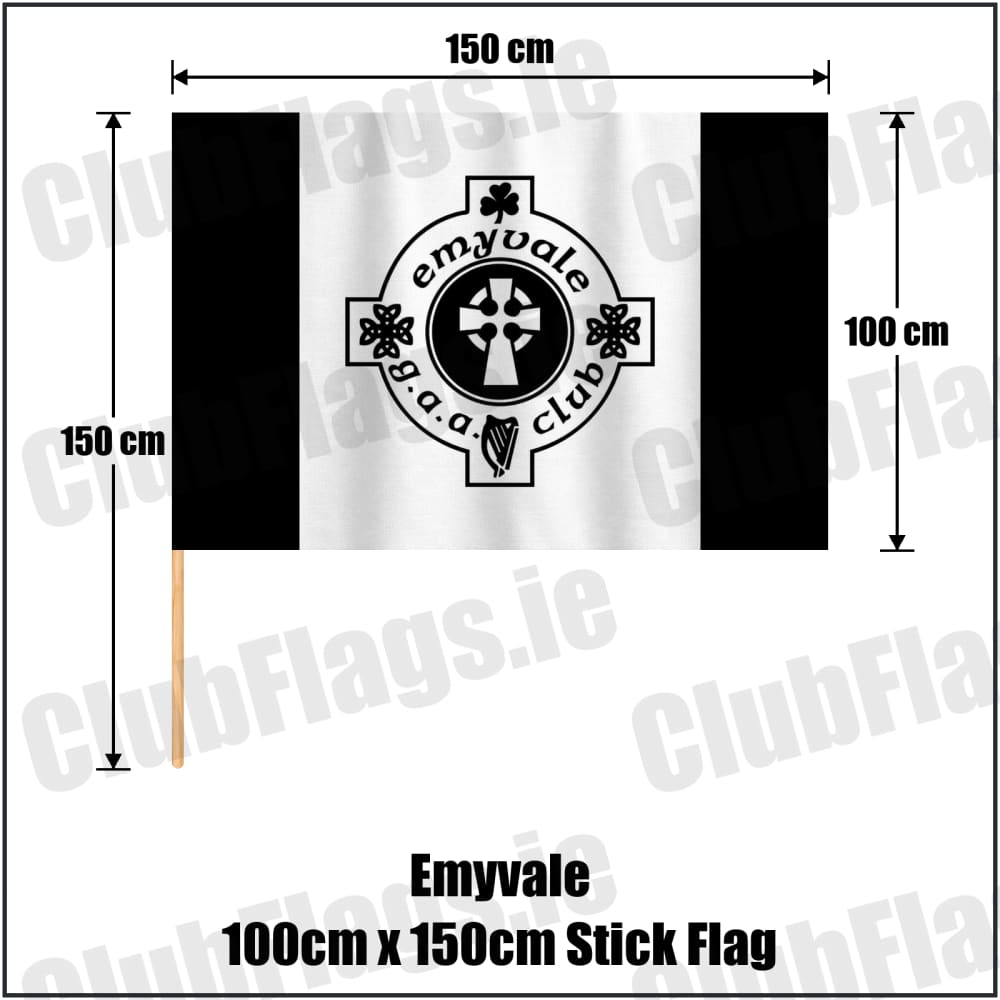 Emyvale 100cm x 150cm Stick Flag in black and white, featuring the club crest on realistic fabric with gentle vertical folds; County Monaghan GAA. ClubFlags.ie.