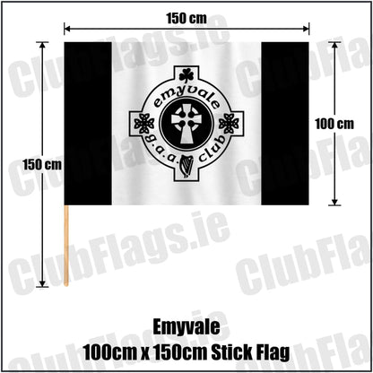 Emyvale 100cm x 150cm Stick Flag in black and white, featuring the club crest on realistic fabric with gentle vertical folds; County Monaghan GAA. ClubFlags.ie.