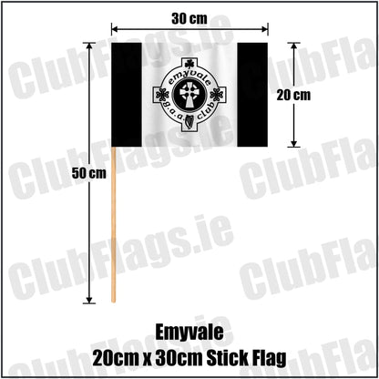 Emyvale 20cm x 30cm Stick Flag in black and white, featuring the club crest on realistic fabric with gentle vertical folds; County Monaghan GAA. ClubFlags.ie.