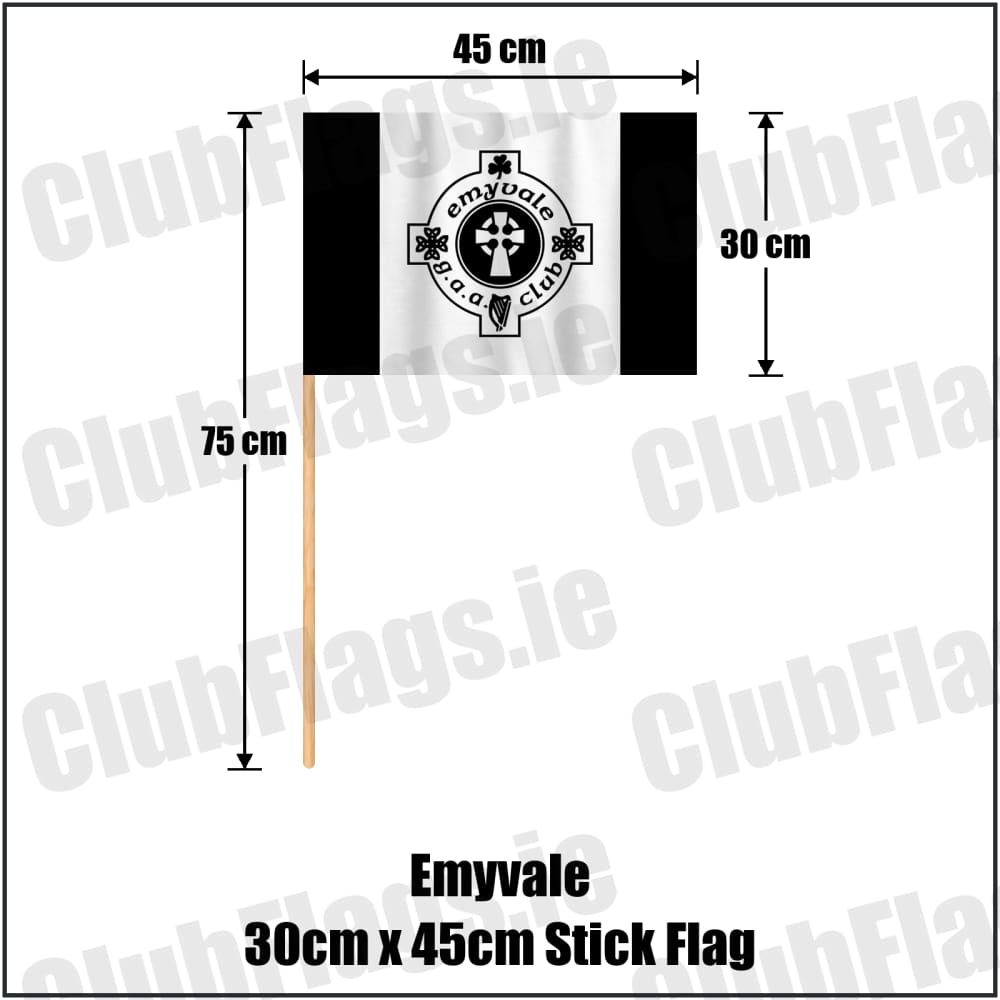 Emyvale 30cm x 45cm Stick Flag in black and white, featuring the club crest on realistic fabric with gentle vertical folds; County Monaghan GAA. ClubFlags.ie.