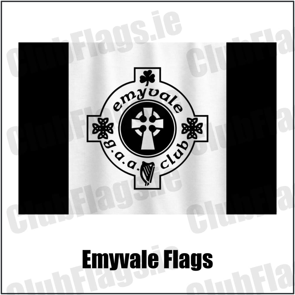 Emyvale Flags in black and white, featuring the club crest on realistic fabric with gentle vertical folds; County Monaghan GAA. ClubFlags.ie.
