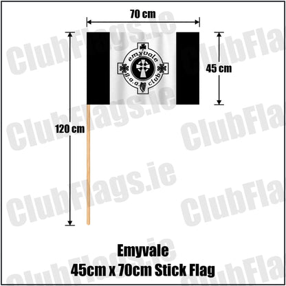 Emyvale 45cm x 70cm Stick Flag in black and white, featuring the club crest on realistic fabric with gentle vertical folds; County Monaghan GAA. ClubFlags.ie.
