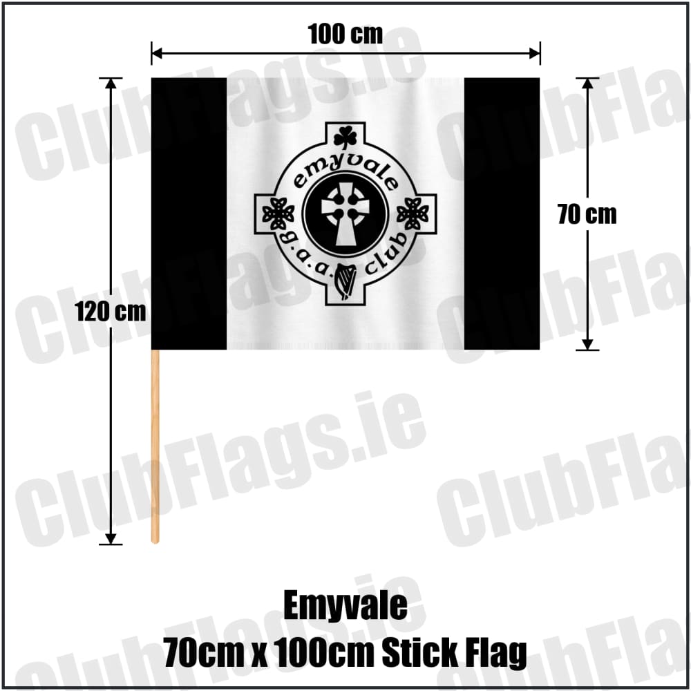 Emyvale 70cm x 100cm Stick Flag in black and white, featuring the club crest on realistic fabric with gentle vertical folds; County Monaghan GAA. ClubFlags.ie.