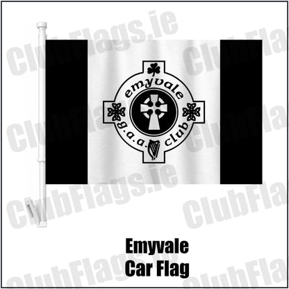 Emyvale Car Flag in black and white, featuring the club crest on realistic fabric with gentle vertical folds; County Monaghan GAA. ClubFlags.ie.