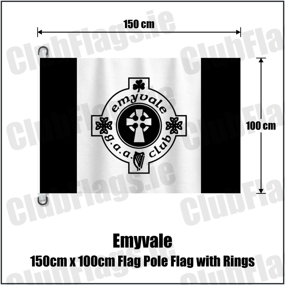 Emyvale 150cm x 100cm Flag Pole Flag with Rings in black and white, featuring the club crest on realistic fabric with gentle vertical folds; County Monaghan GAA. ClubFlags.ie.