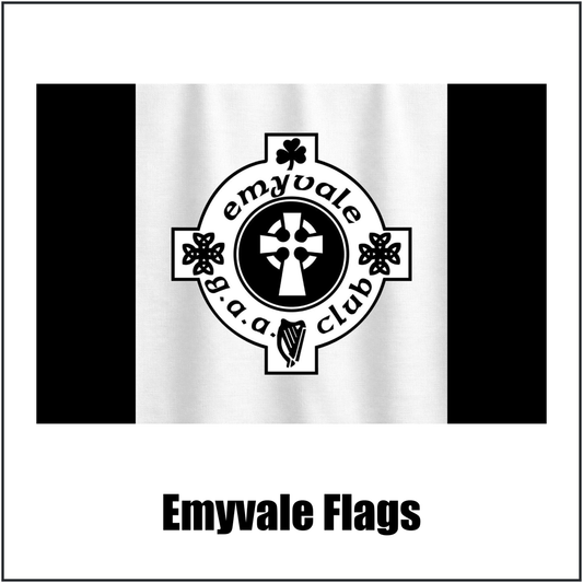 Emyvale Flags, featuring the club crest and black and white colours; County Monaghan GAA. ClubFlags.ie.