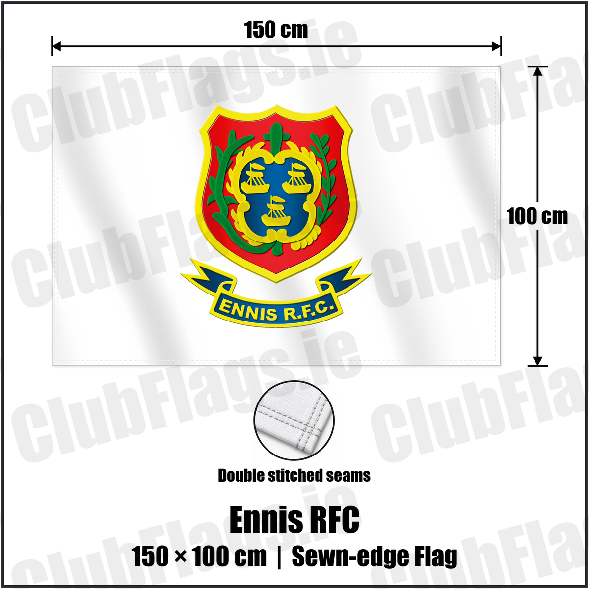 Ennis RFC 100cm x 150cm Flag (sewn on the edges) with the club crest and colours, Clare Rugby - ClubFlags.ie